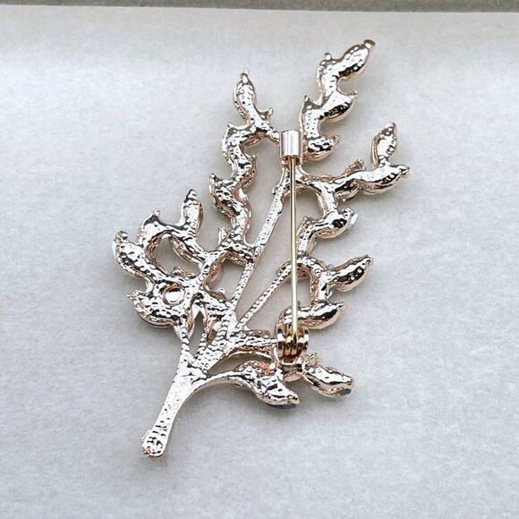 Rose Gold with White Diamond Crystal Tree Branch with Leaves Pin Back Brooch - Picture 8 of 9